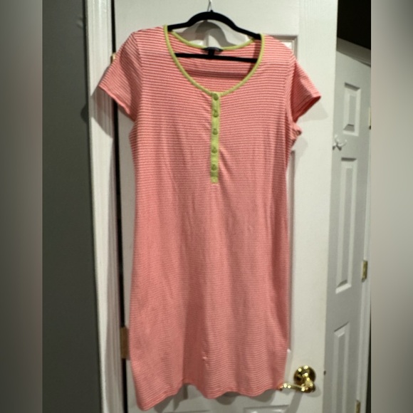Land an end cotton pink stripe dress with lime green trim.  EUC size XL 18 - Picture 1 of 2